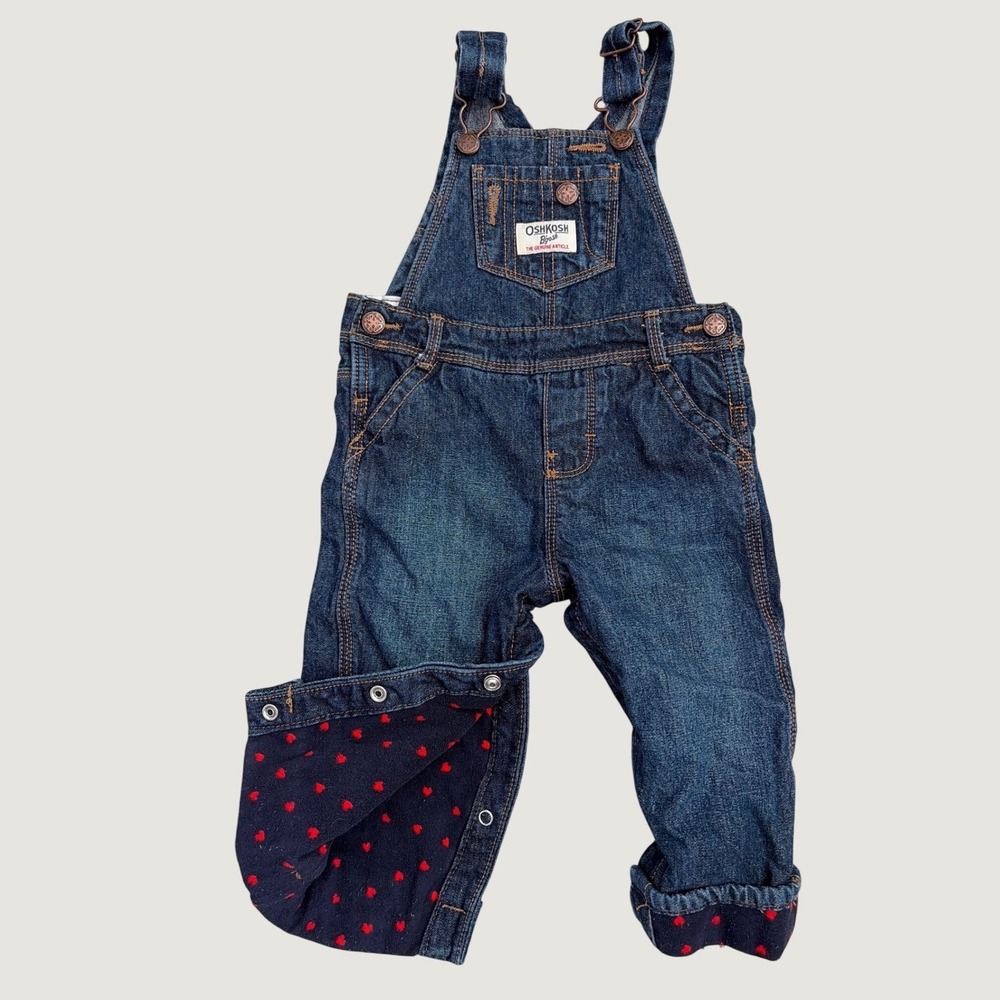 OshKosh Bgosh Baby Girls 12M Heart Fleece Lined Denim Vestbak Overalls Blue